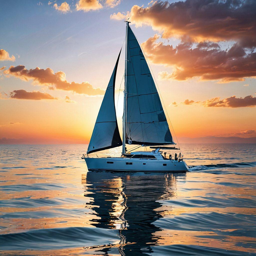 A sophisticated yacht sailing smoothly through calm ocean waters, surrounded by a serene horizon. The yacht is equipped with safety gear prominently displayed, and subtle hints of risk management elements, like a compass and a life ring, are artistically integrated. The sky is a blend of sunset colors, symbolizing hope and safety, while the water reflects these hues. A distant coastline signifies stability and security. super-realistic. vibrant colors. 3D.