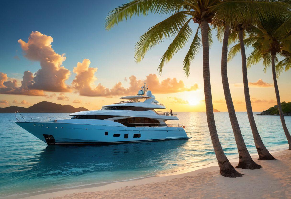 A serene view of a luxurious yacht anchored in crystal-clear blue waters, surrounded by tropical islands. Incorporate visual elements that suggest protection, like an umbrella shielding the yacht or locking mechanisms around it, symbolizing security. The sky is a radiant sunset, casting warm hues over the scene, creating a relaxing yet secure atmosphere. Include subtle legal symbols like a scale or shield in the background, hinting at insurance aspects. super-realistic. vibrant colors. 3D.